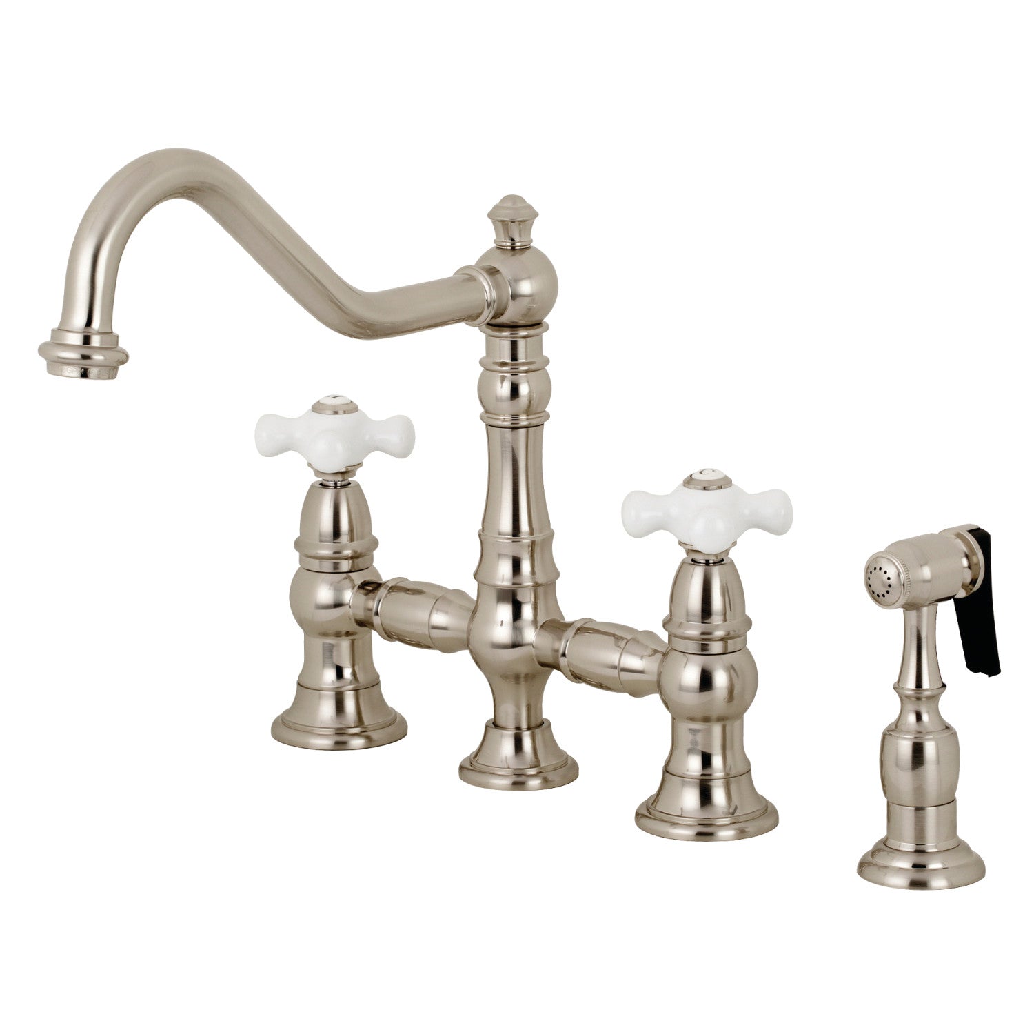 Kingston Heirloom KS3278PXBS - Restoration Two-Handle 4-Hole Deck Mount Bridge Kitchen Faucet with Brass Sprayer, Brushed Nickel — image 1